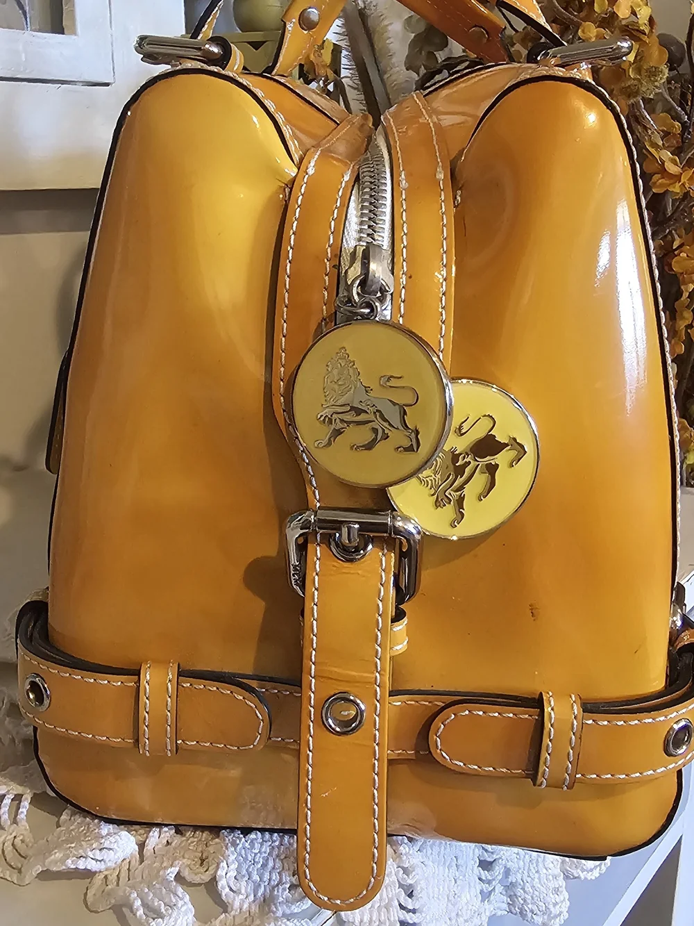 MCM Yellow Patent Leather Boston Satchel Bag